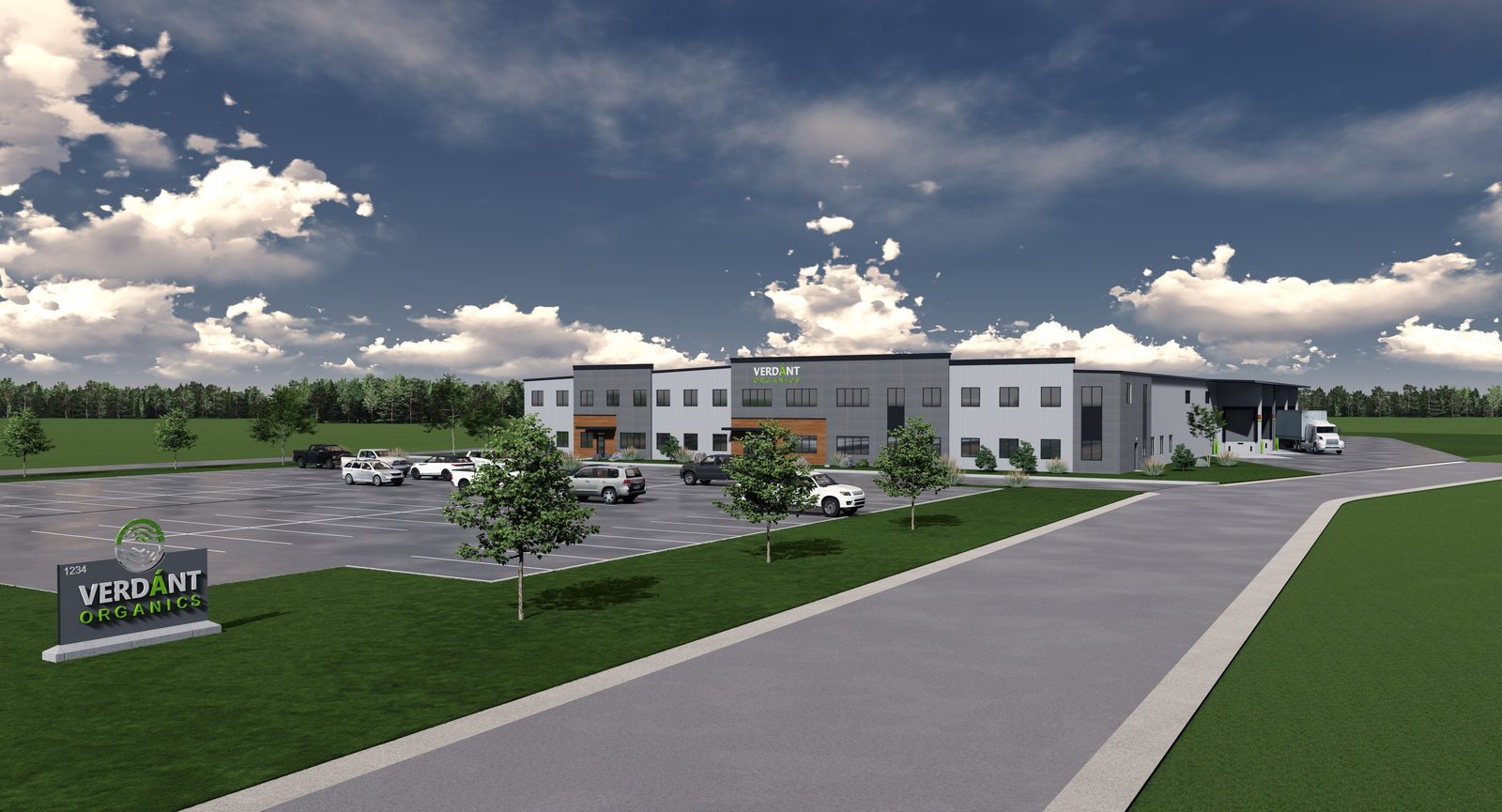 Wide rendering of the planned Verdánt Organics facility and entrance sign in Mankato